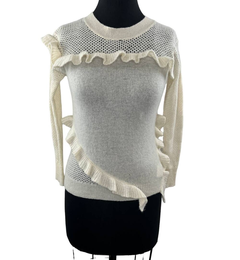 White + Warren Ivory Cashmere Ruffled Open-Knit Sweater Long Sleeve Top XS